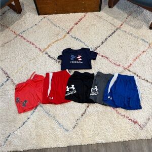 7/S Under Armour Kids Red, Black, Gray, and Blue Shorts with Navy T-Shirt